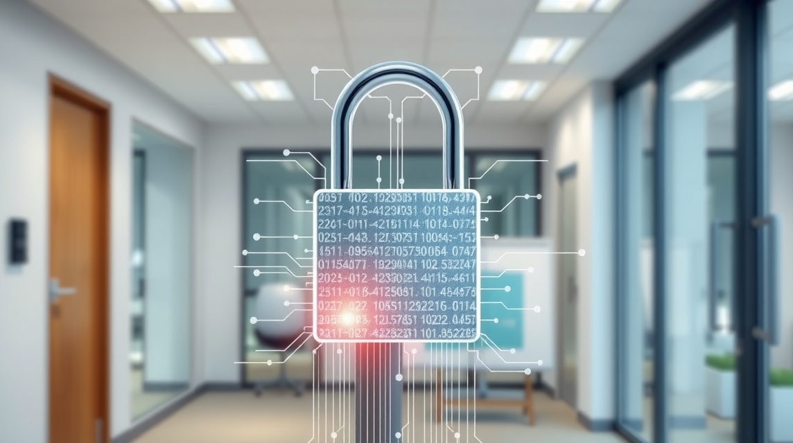 Digitálny zámok s kódmi a obvodmi v modernom kancelárskom prostredí.