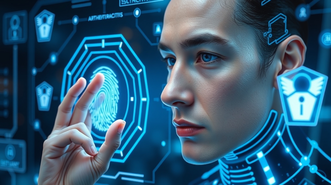 Mladý muž interaguje s digitálnym rozhraním biometrickej identifikácie.