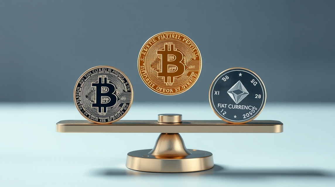 Na váhe sú tri mince: dve Bitcoin a jedna fiat mena, symbolizujúce hodnotu a investície.