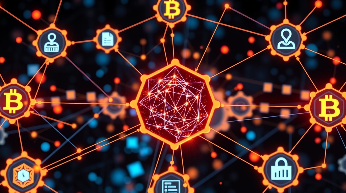 Grafika znázorňujúca blockchain technológiu s ikonami kryptomien a uzlami.