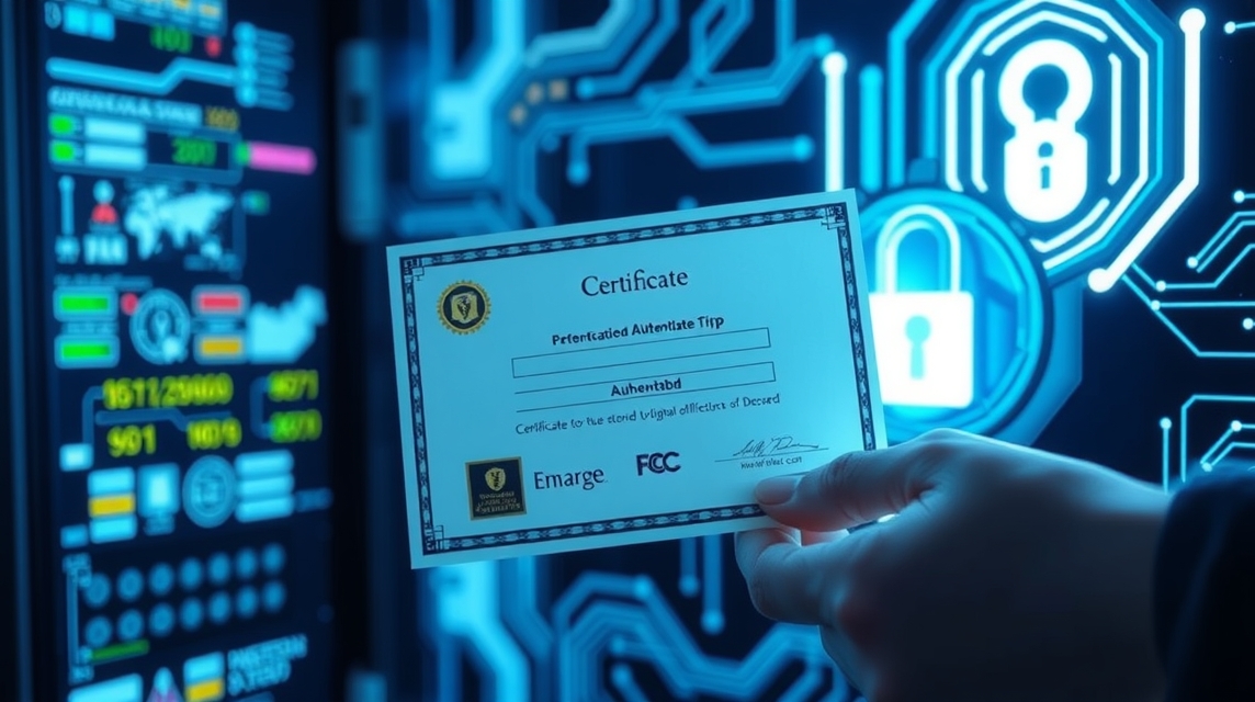 Osoba drži certifikát digitálnej autentifikácie pred obrazovkou s technológiou.