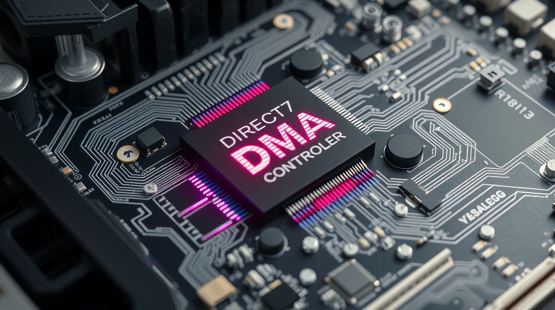 Detailný pohľad na základnú dosku s čipom DMA Controller a elektrickými obvodmi.