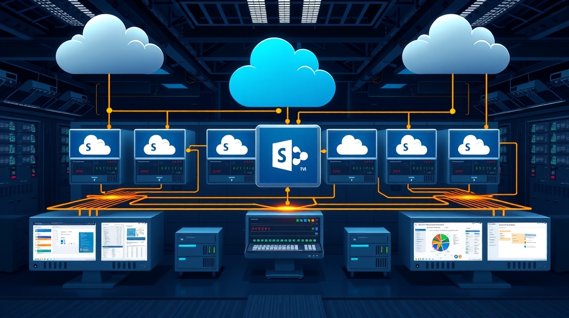 Ilustrácia cloudovej architektúry so servermi a pripojením.