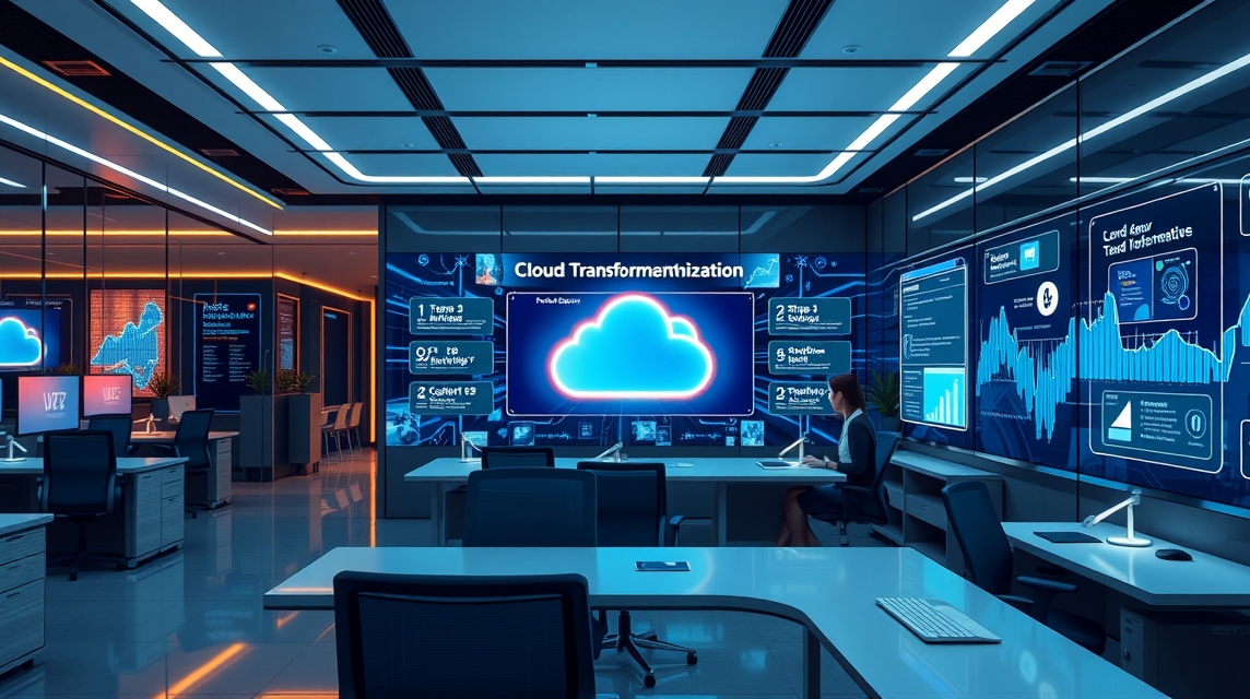 Moderná kancelária s digitálnymi obrazovkami a grafikou o cloudovej transformácii.