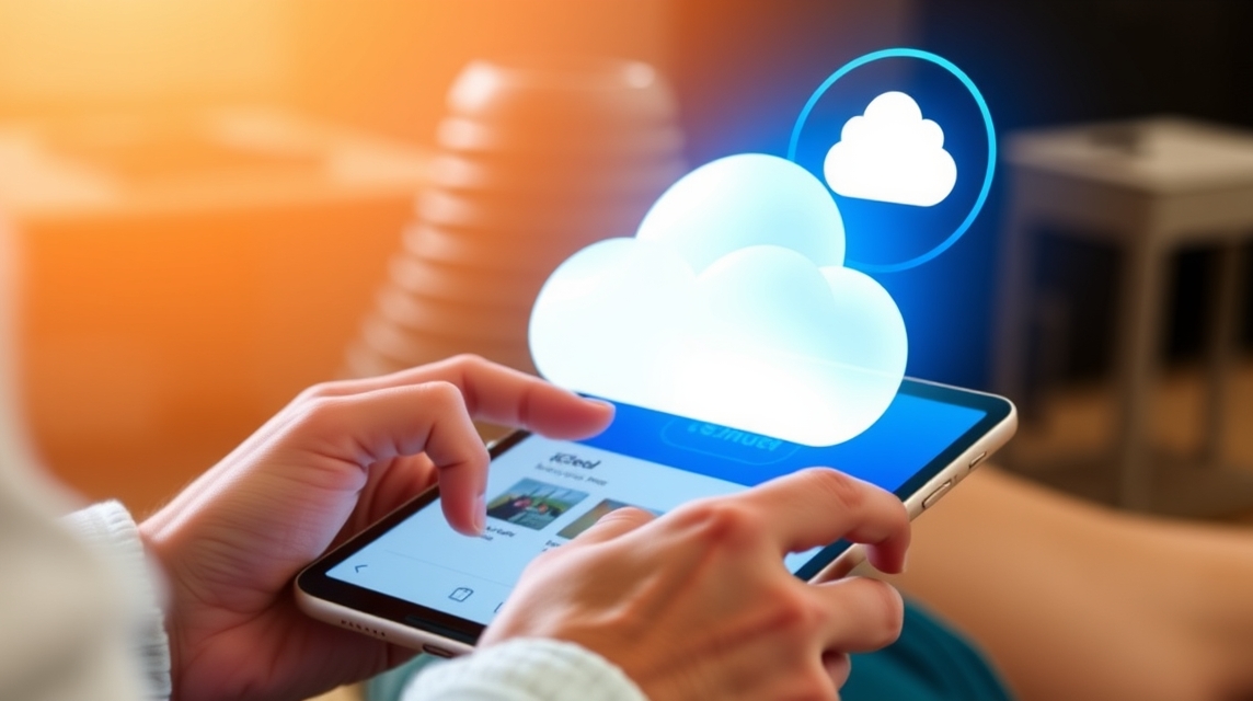 Osoba používa tablet na prístup k cloudovým službám s ikonou cloudu.