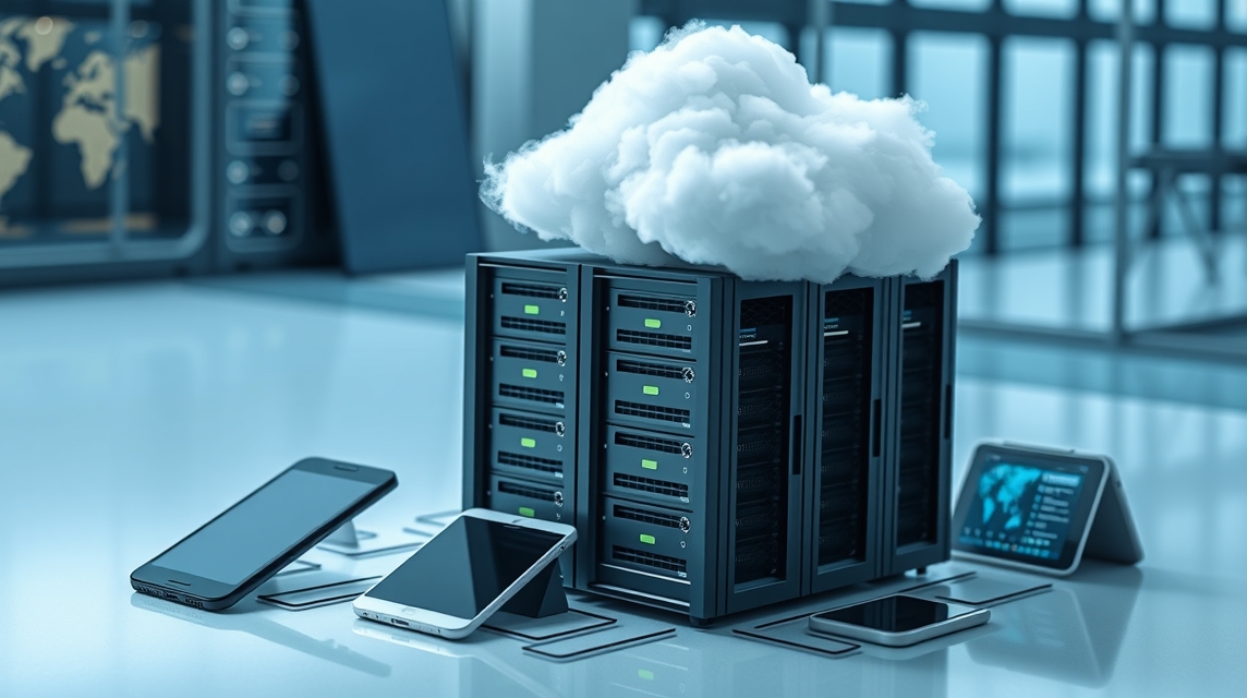 Serverová jednotka s cloudovým symbolom a mobilnými zariadeniami okolo.