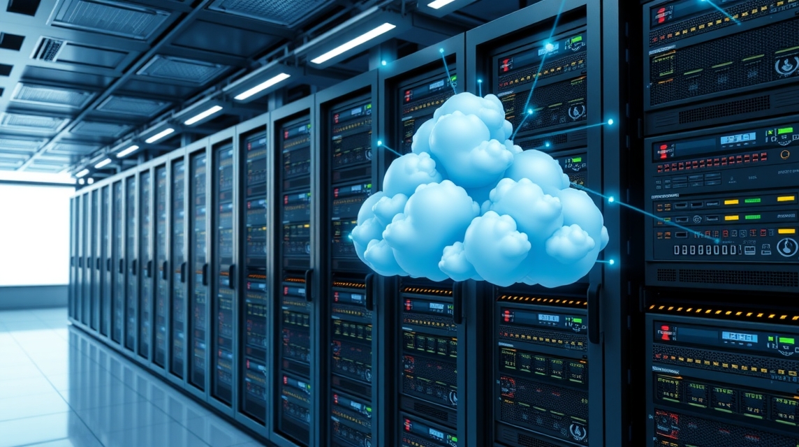 Moderné servery s vizualizáciou cloudového úložiska v dátovom centre.