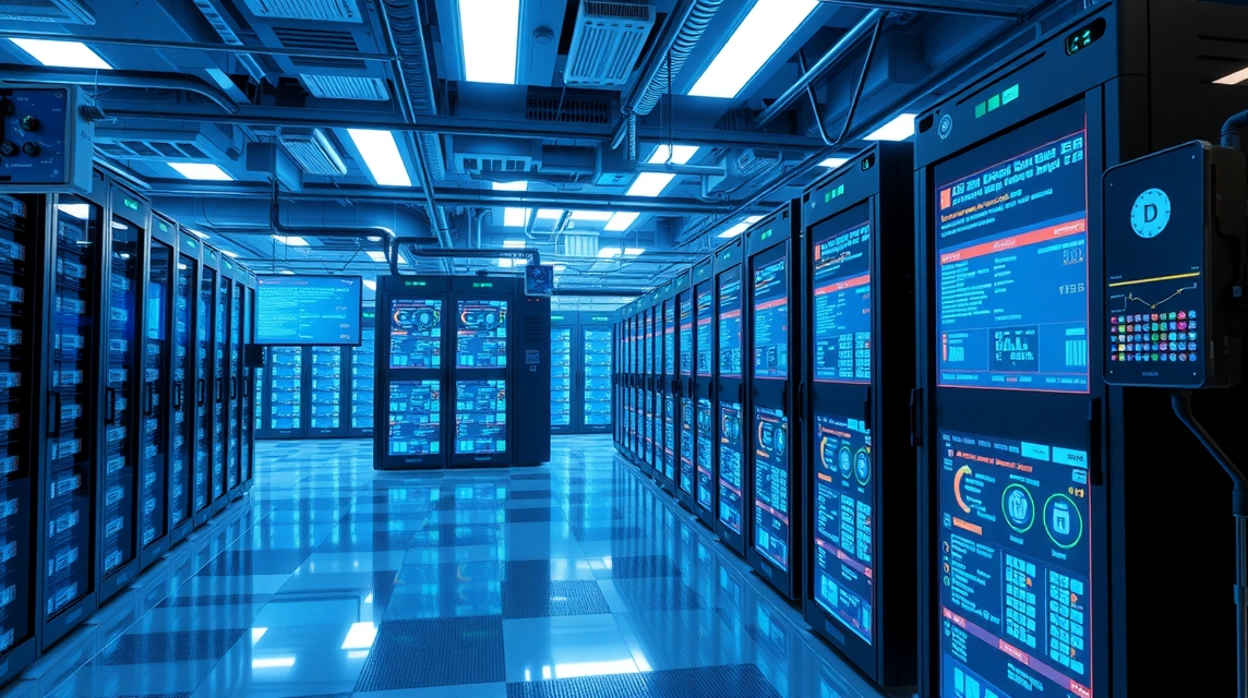 Moderná dátová centrála s množstvom serverov a modrým osvetlením.