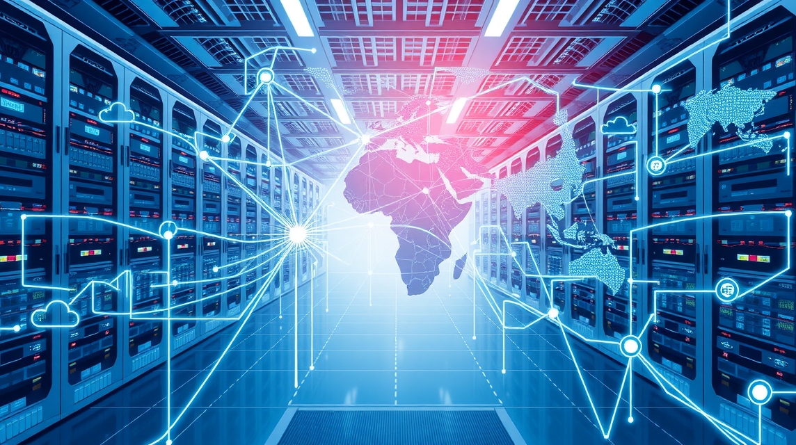 Moderný dátový center s vizualizáciou globálnej siete a mapou Afriky.
