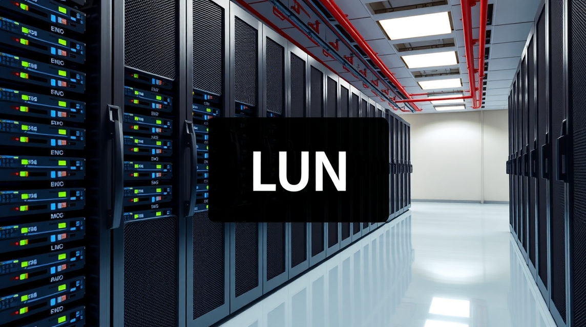 Moderné servery v dátovom centre s označením LUN na obrazovke.