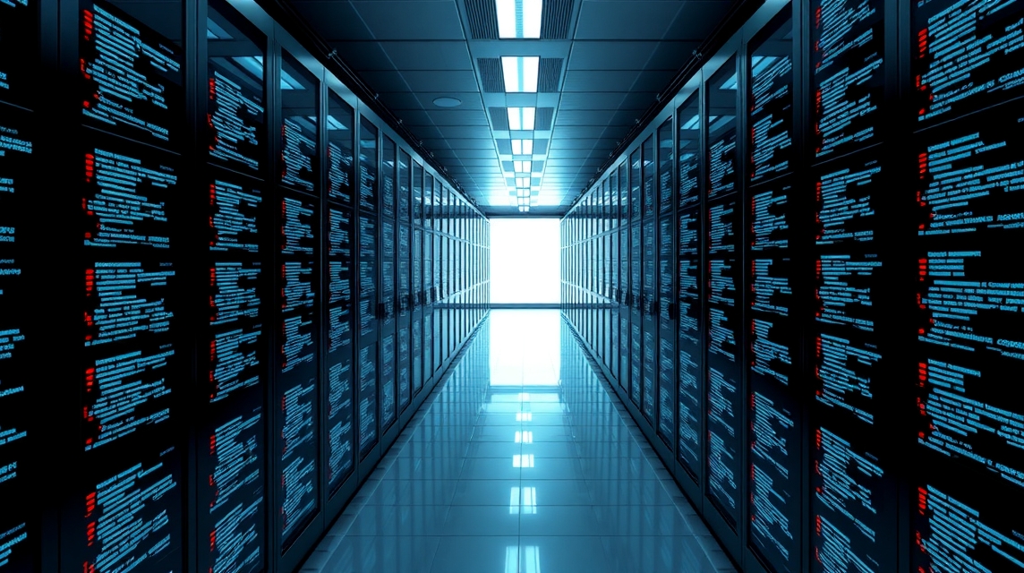 Moderná dátová centrála s radmi serverov a modrým osvetlením.