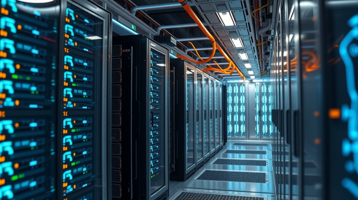 Moderný dátový center s množstvom serverov a modrými LED svetlami.