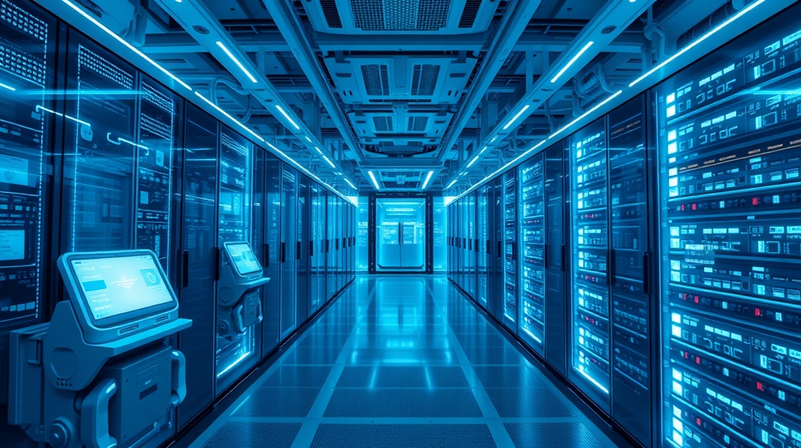 Moderný dátový center s modrým osvetlením a serverovými skrinkami.