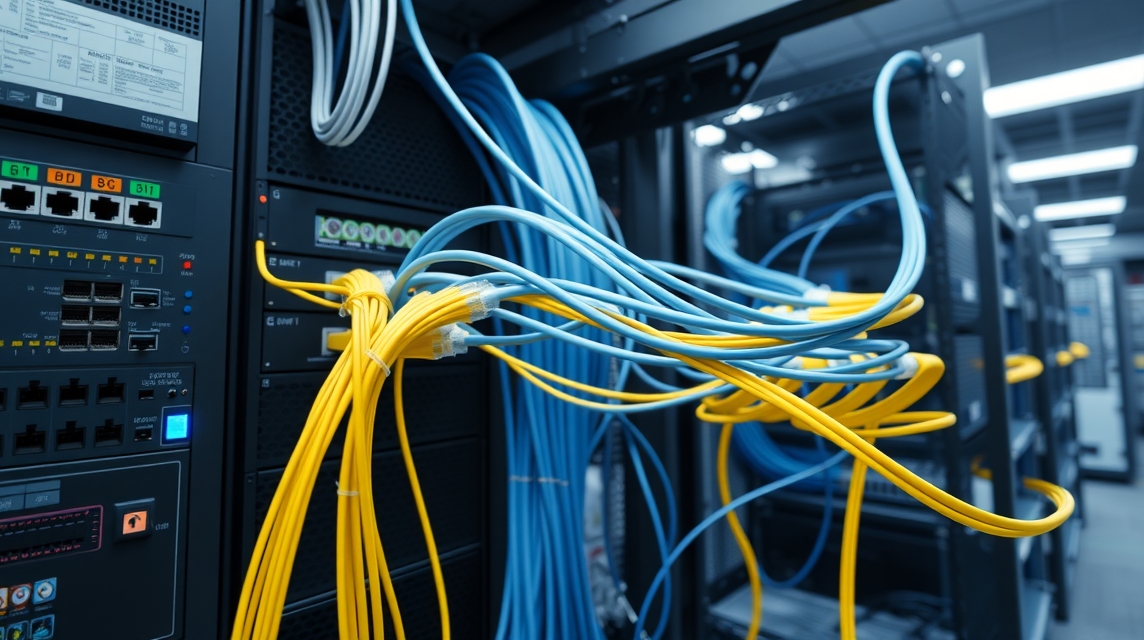 Prepojené ethernetové káble v dátovom centre, modré a žlté vodiče.