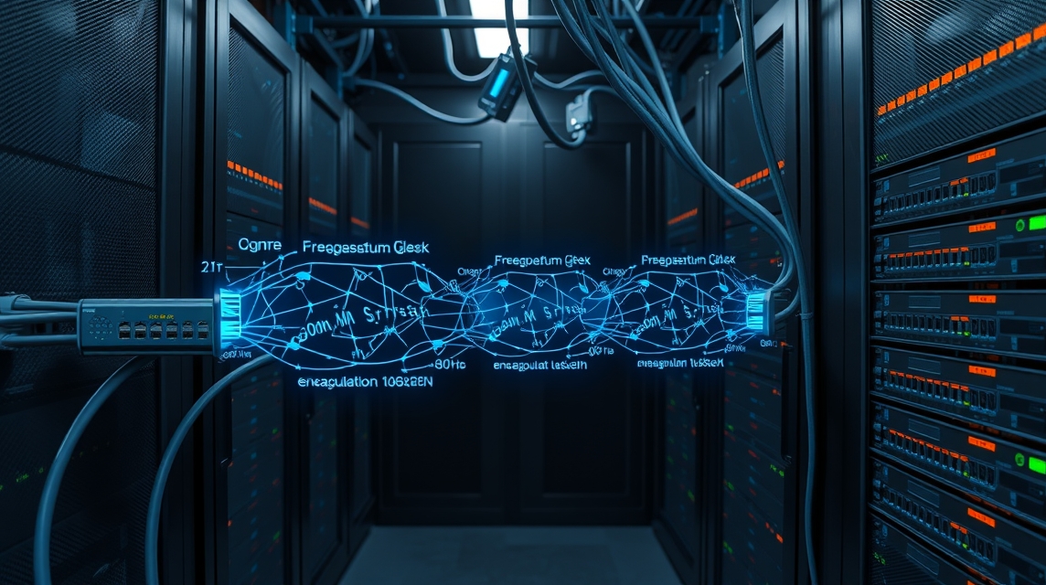 Moderné servery s prepojenými káblami a digitálnymi údajmi v dátovom centre.