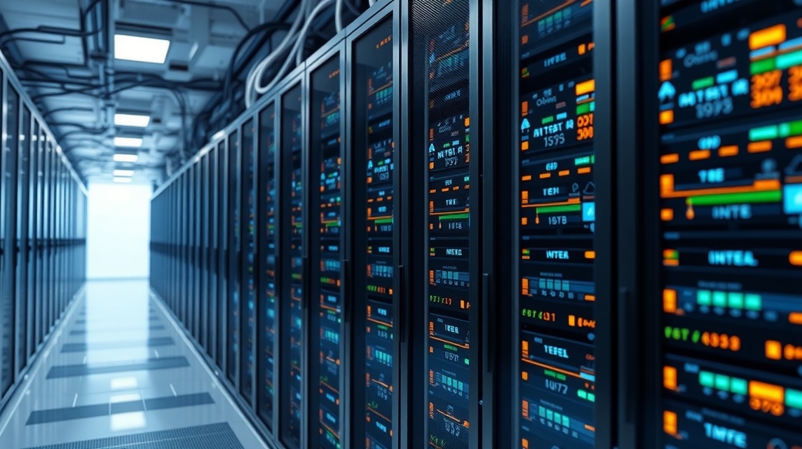 Moderné servery usporiadané v dátovom centre s jasnými displejmi.