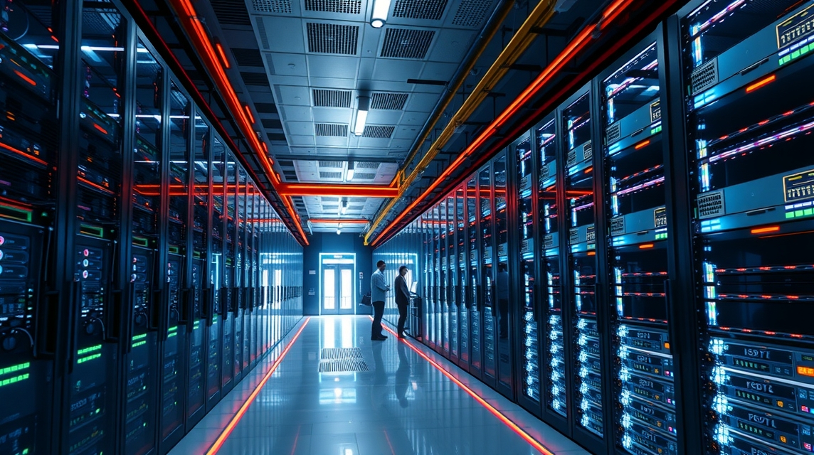 Dva muži diskutujú v modernom dátovom centre s množstvom serverov.