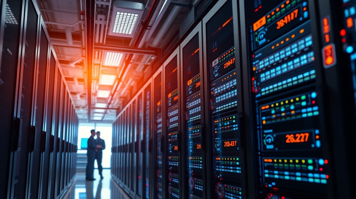 Dva muži diskutujú a sledujú servery v modernom dátovom centre.