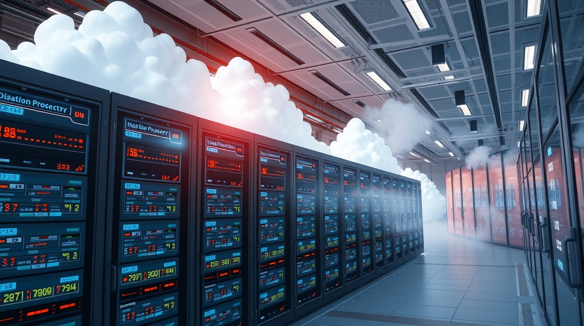 Moderný dátový centrum s množstvom serverov a oblakmi pary.