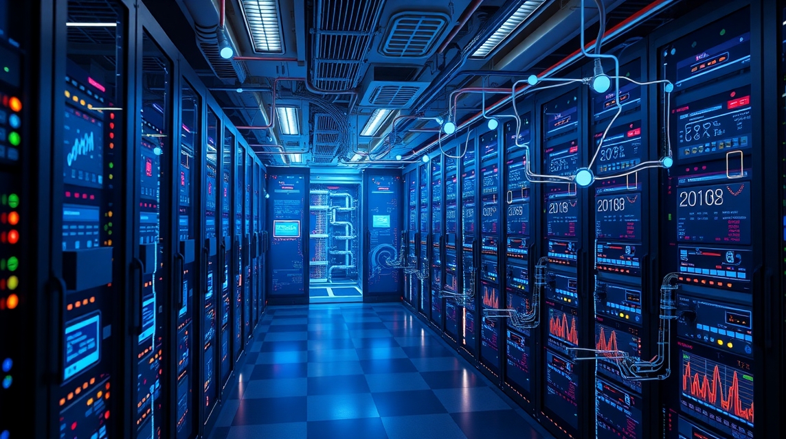 Moderné servery v dátovom centre s modrým osvetlením a displejmi.