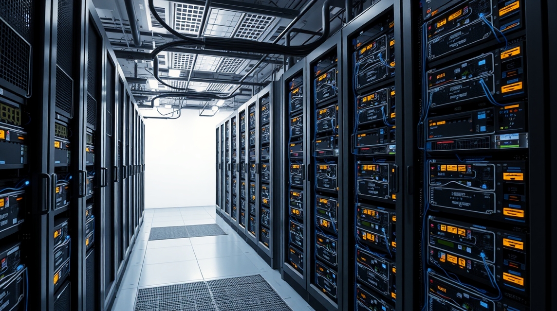 Moderné servery usporiadané v dátovom centre s jasným osvetlením.