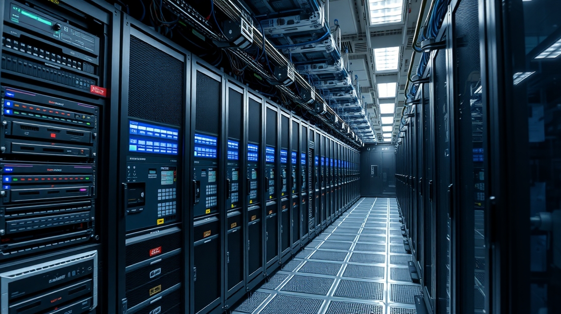 Moderné servery usporiadané v dátovom centre s modrým osvetlením.