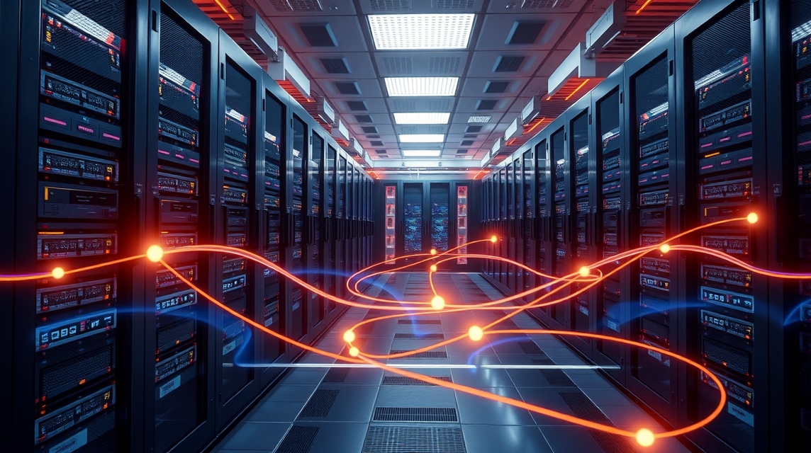 Moderné dátové centrum s množstvom serverov a svetelnými efektmi.