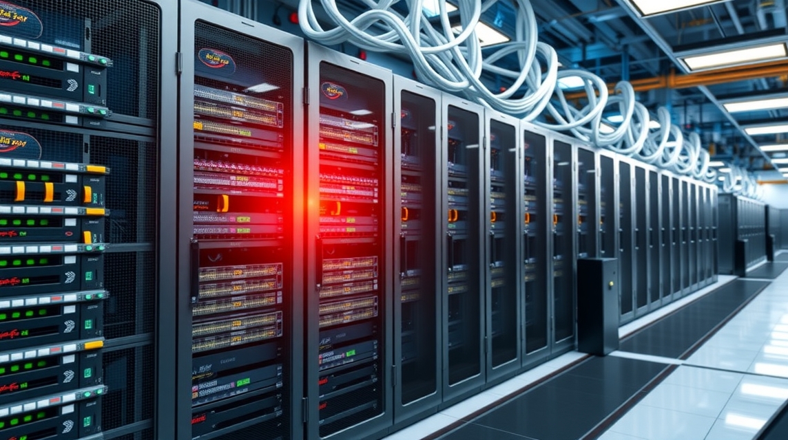 Moderné servery v dátovom centre s blikajúcimi svetlami a káblami.