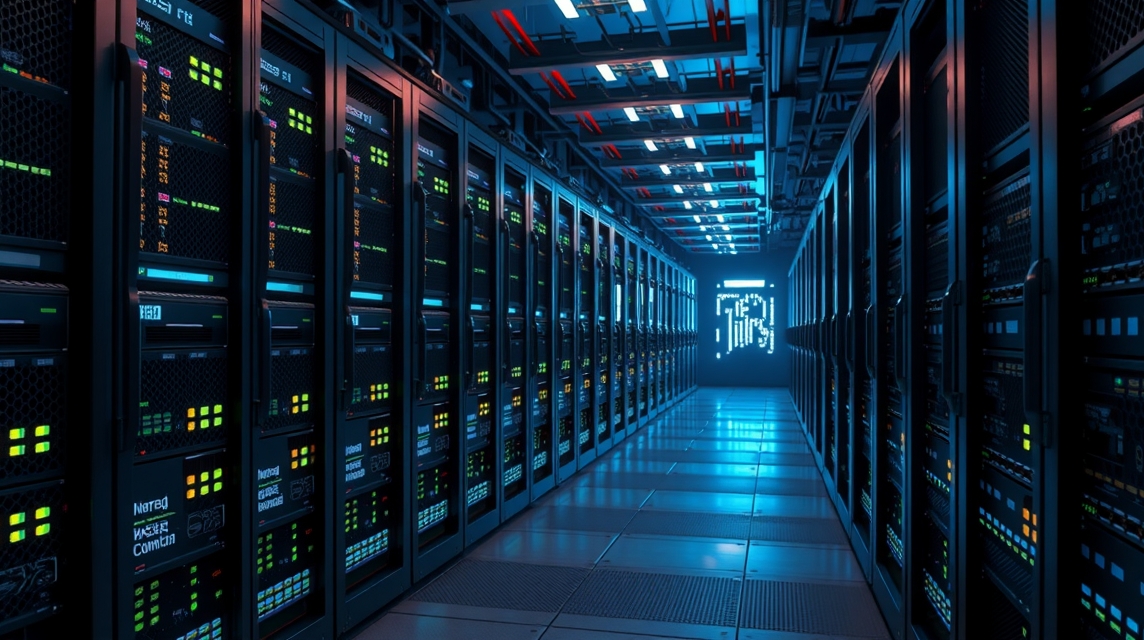 Moderné servery v dátovom centre s modrým osvetlením a digitálnymi displejmi.