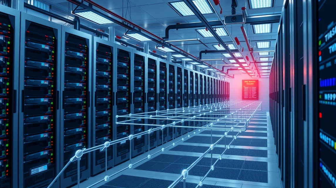 Moderné dátové centrum s radmi serverov a osvetlením.