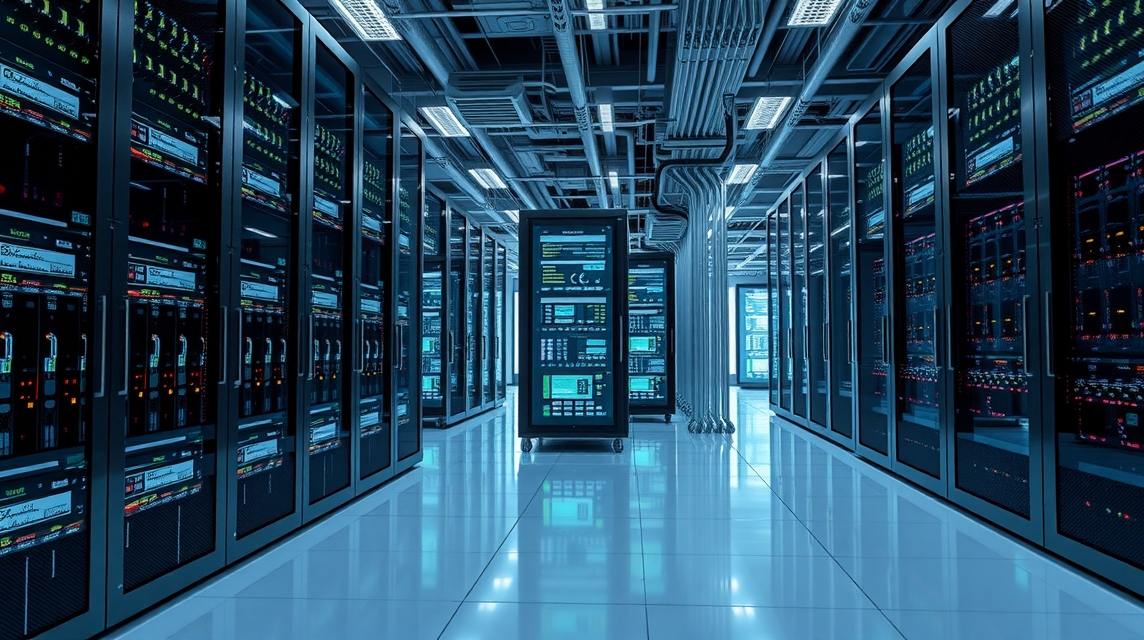 Moderné dátové centrum s množstvom serverových skriniek a technológiou.