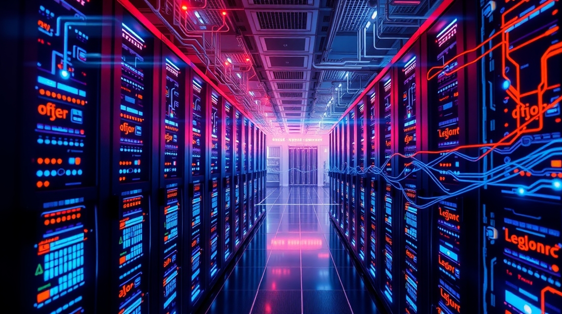 Moderný dátový centrum s čiernymi servermi a farebnými LED svetlami.