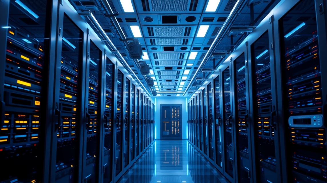 Moderné dátové centrum s radmi serverov a modrým osvetlením.