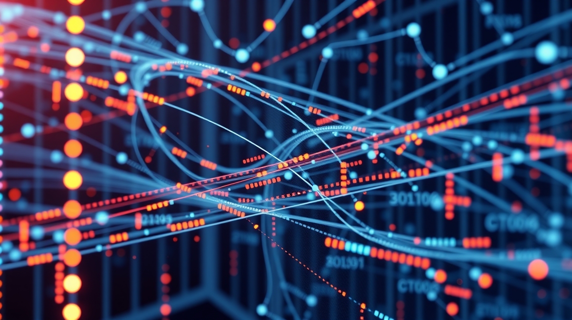 Abstraktné zobrazenie dátových prúdov s farebnými bodmi a čiarami.