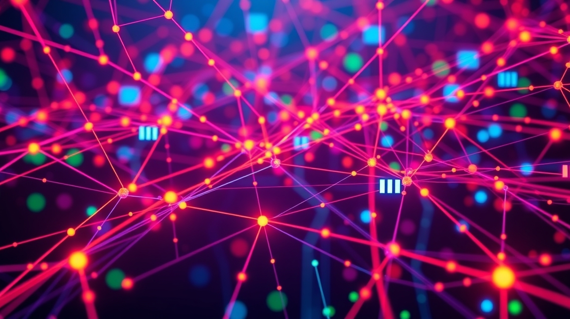 Abstraktná vizualizácia dátových sietí s farebnými bodmi a čiarami.