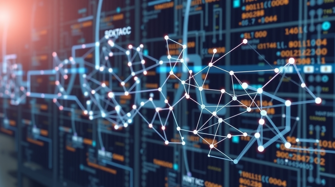 Abstraktná vizualizácia dátových sietí s digitálnymi prvkami na pozadí.