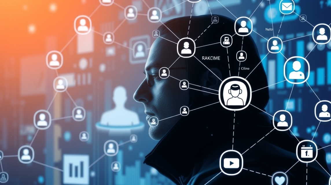 Profil muža, aki digitális hálózaton keresztül kapcsolódik más felhasználókhoz.