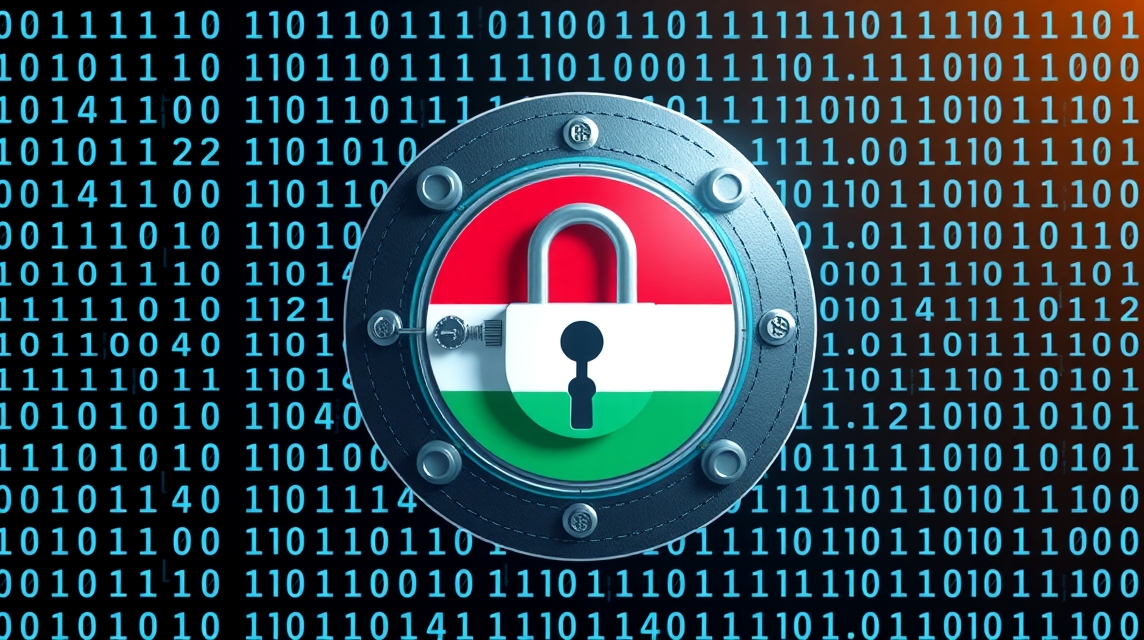 Zámok s maďarskou vlajkou a digitálnym pozadím z binárnych čísel.