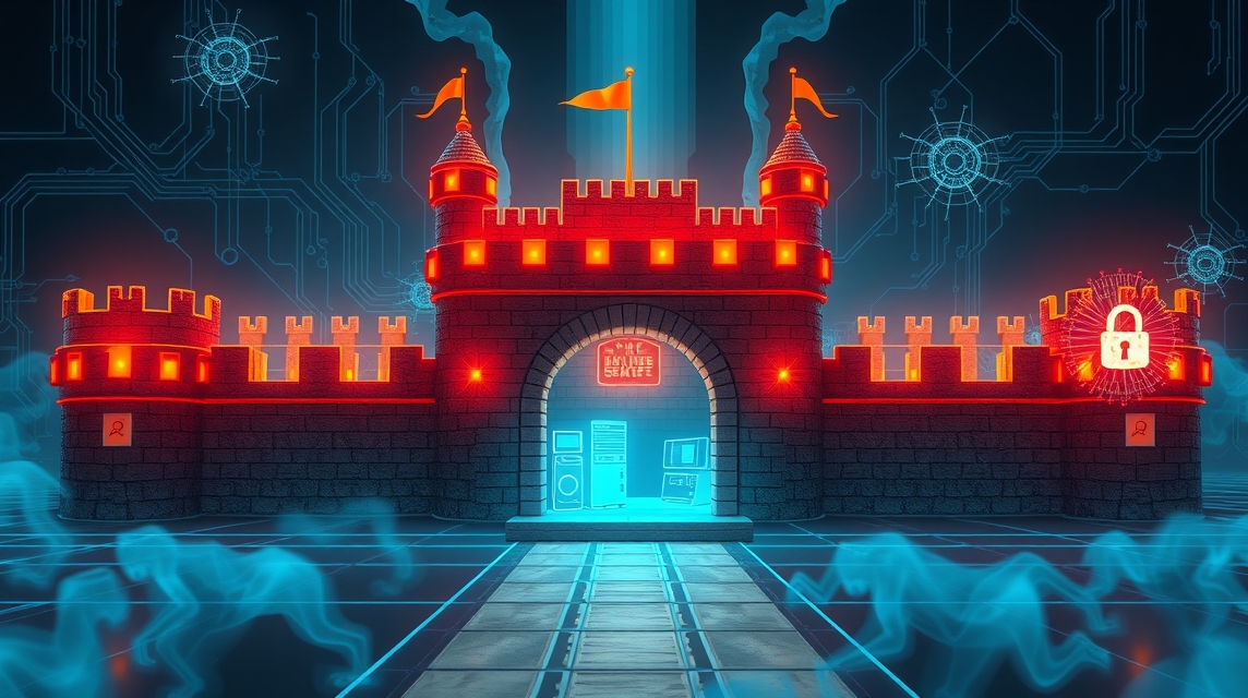 Digitálna pevnosť s modrým osvetlením és zámkom, futurisztikus háttérrel.