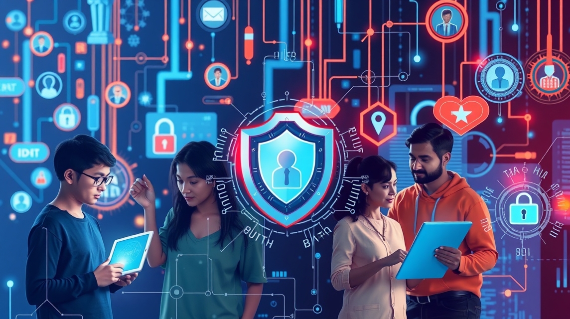 Skupina mladých ľudí diskutuje o digitálnej bezpečnosti a technológiach.