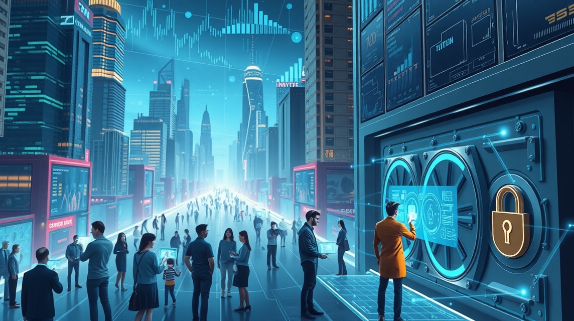 Moderná mestská ulica s ľuďmi a digitálnymi technológiami v pozadí.