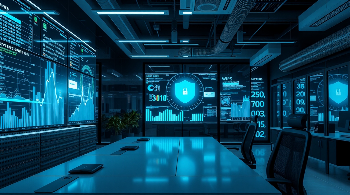 Moderná kancelária s digitálnymi obrazovkami a grafmi na stene.