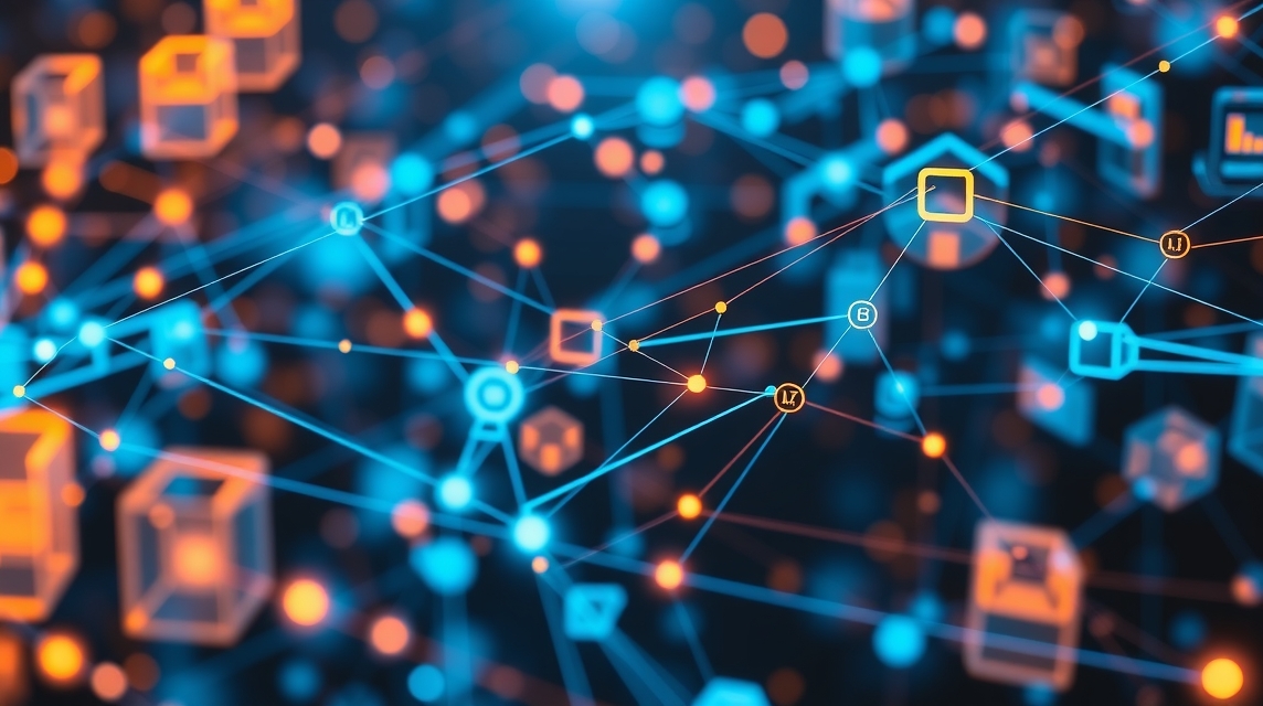 Abstraktná vizualizácia digitálnej siete s modrými a oranžovými bodmi.