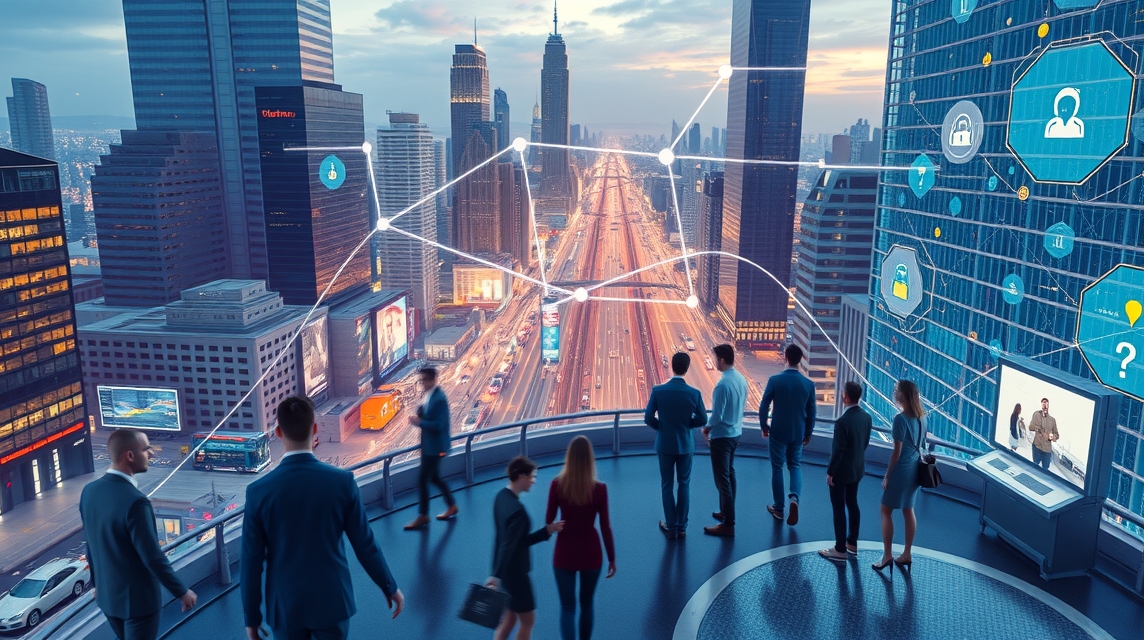 Skupina profesionálov pozoruje mestskú panorámu s digitálnymi prvkami.