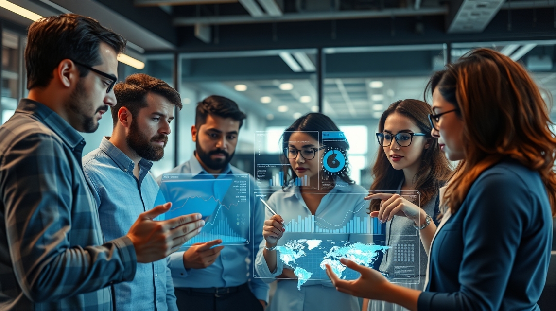 Skupina profesionálov diskutuje digitálne grafy a analýzy v modernom kancelárskom prostredí.