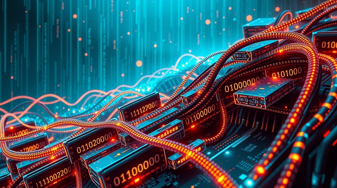 Abstraktná grafika s dátovými prúdmi a digitálnymi zariadeniami.