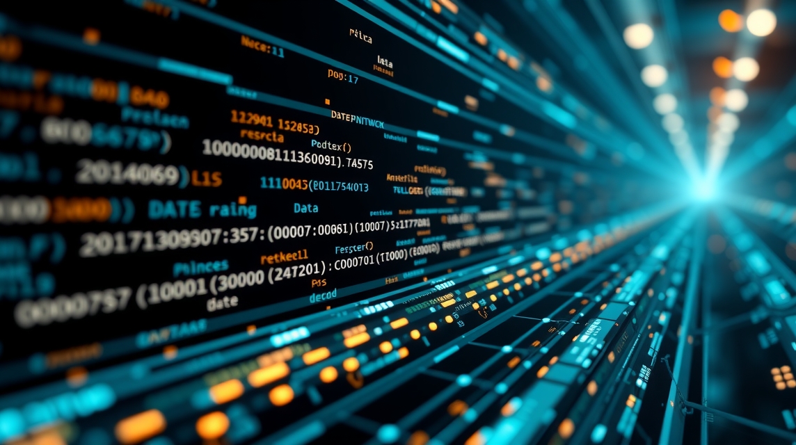 Abstraktný pohľad na digitálne dáta a kódovanie v modro-oranžových farbách.