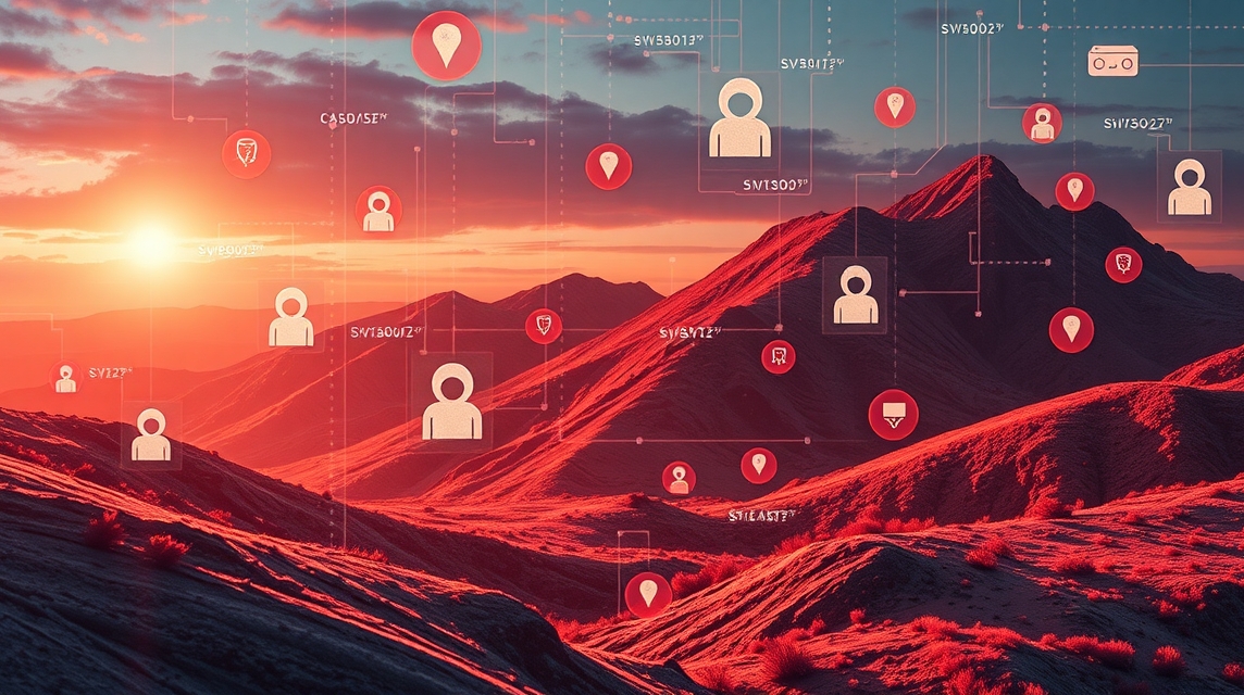 Digitálne zobrazenie hôr so symbolmi používateľov a lokalizácií na pozadí západu slnka.