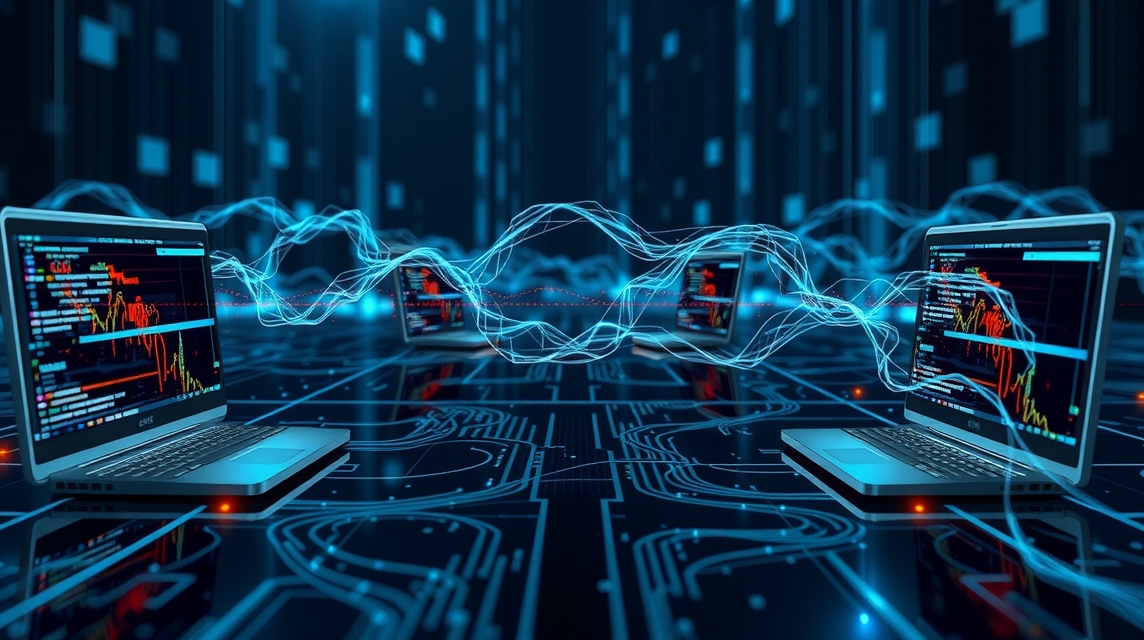 Dva notebooky, grafy és adatok láthatók a képernyőn, digitális háttérrel.