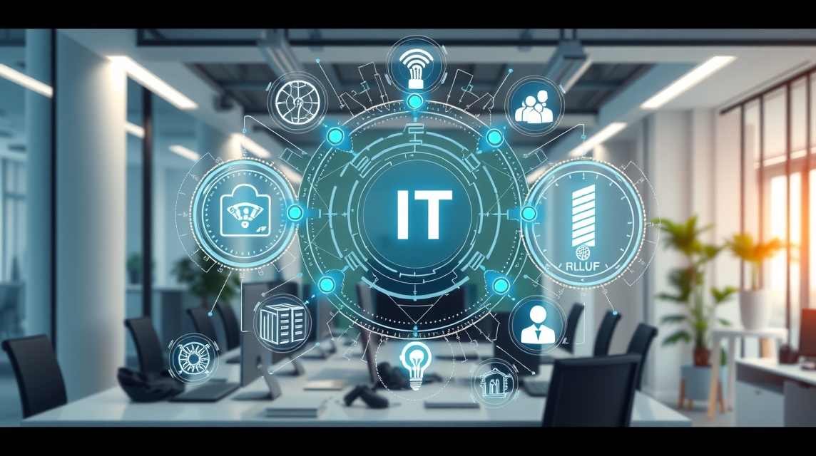 Moderná kancelária s digitálnymi ikonami IT technológií a sieťou.